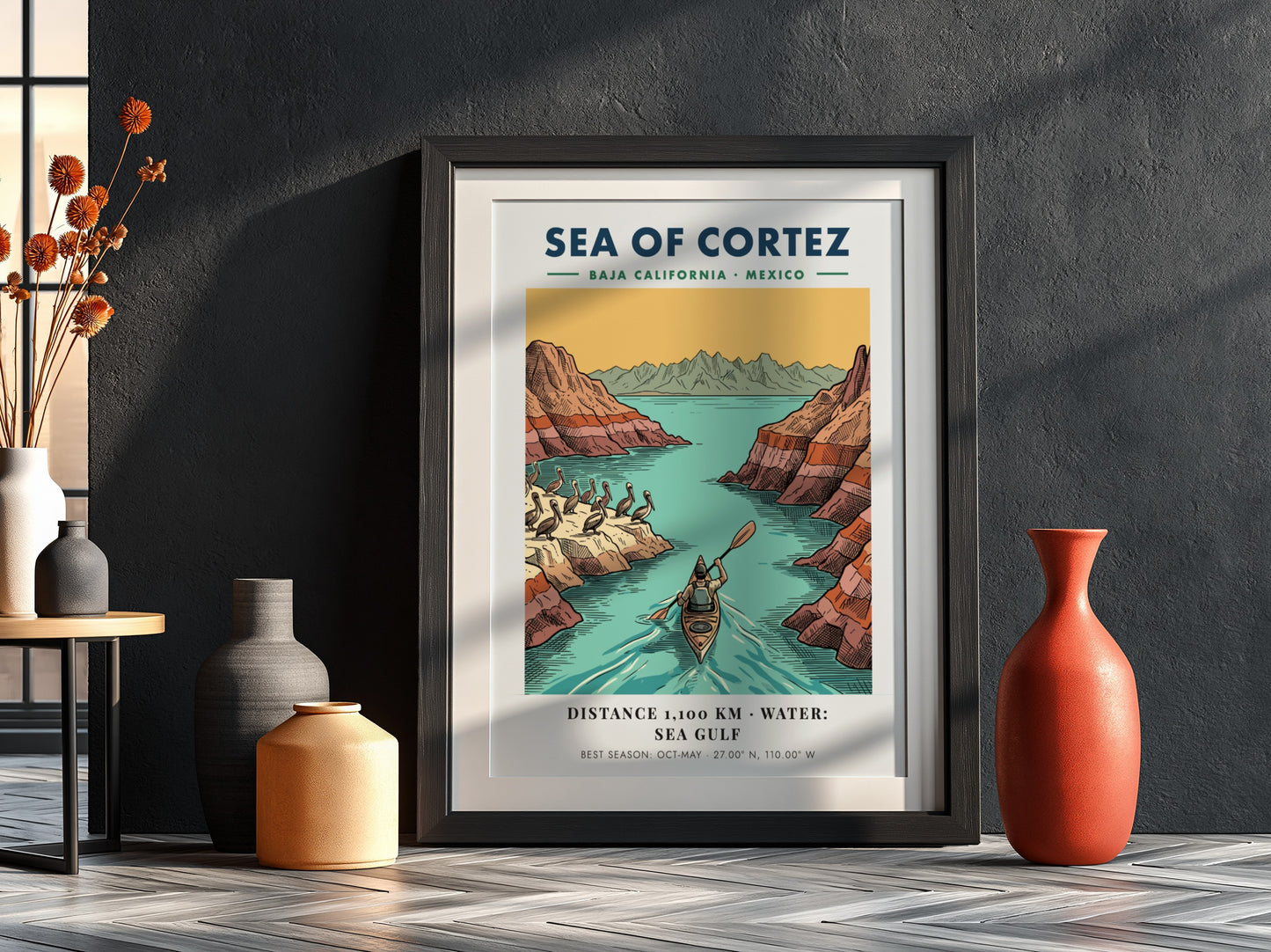 Poster featuring a kayaker in the Sea of Cortez near Baja California cliffs.