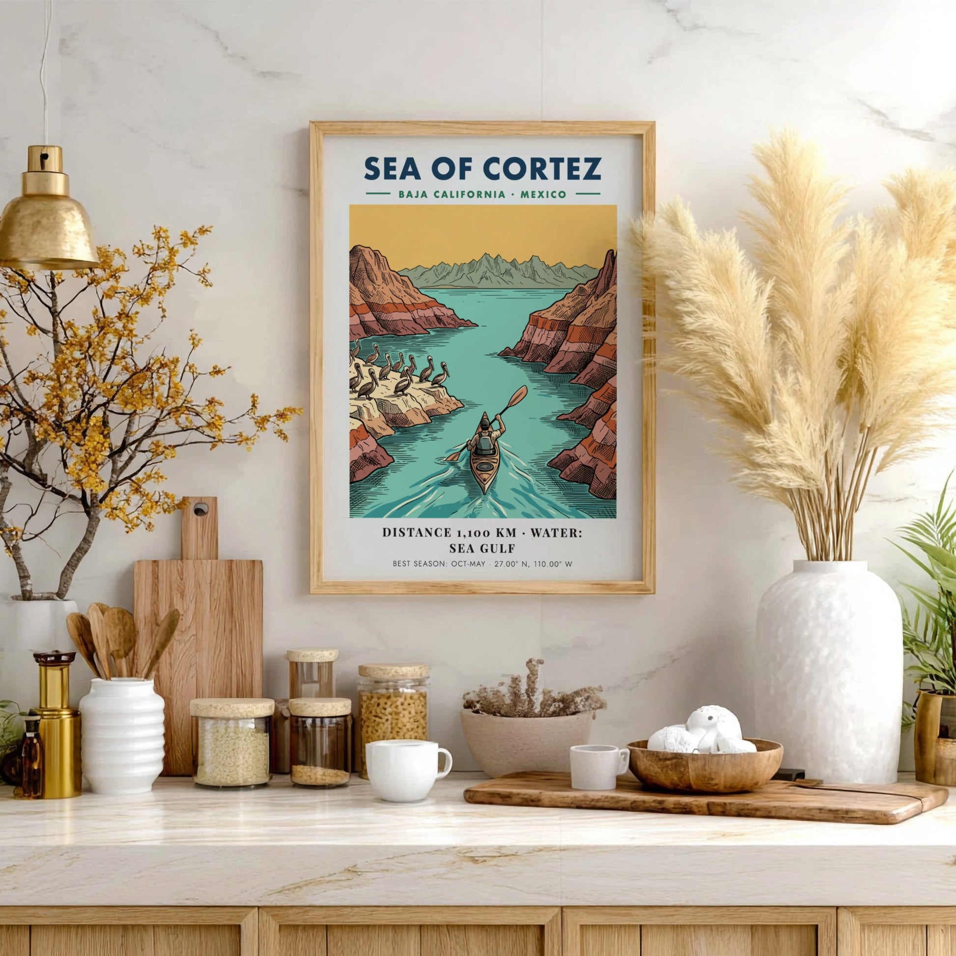 Poster featuring a kayaker in the Sea of Cortez near Baja California cliffs.
