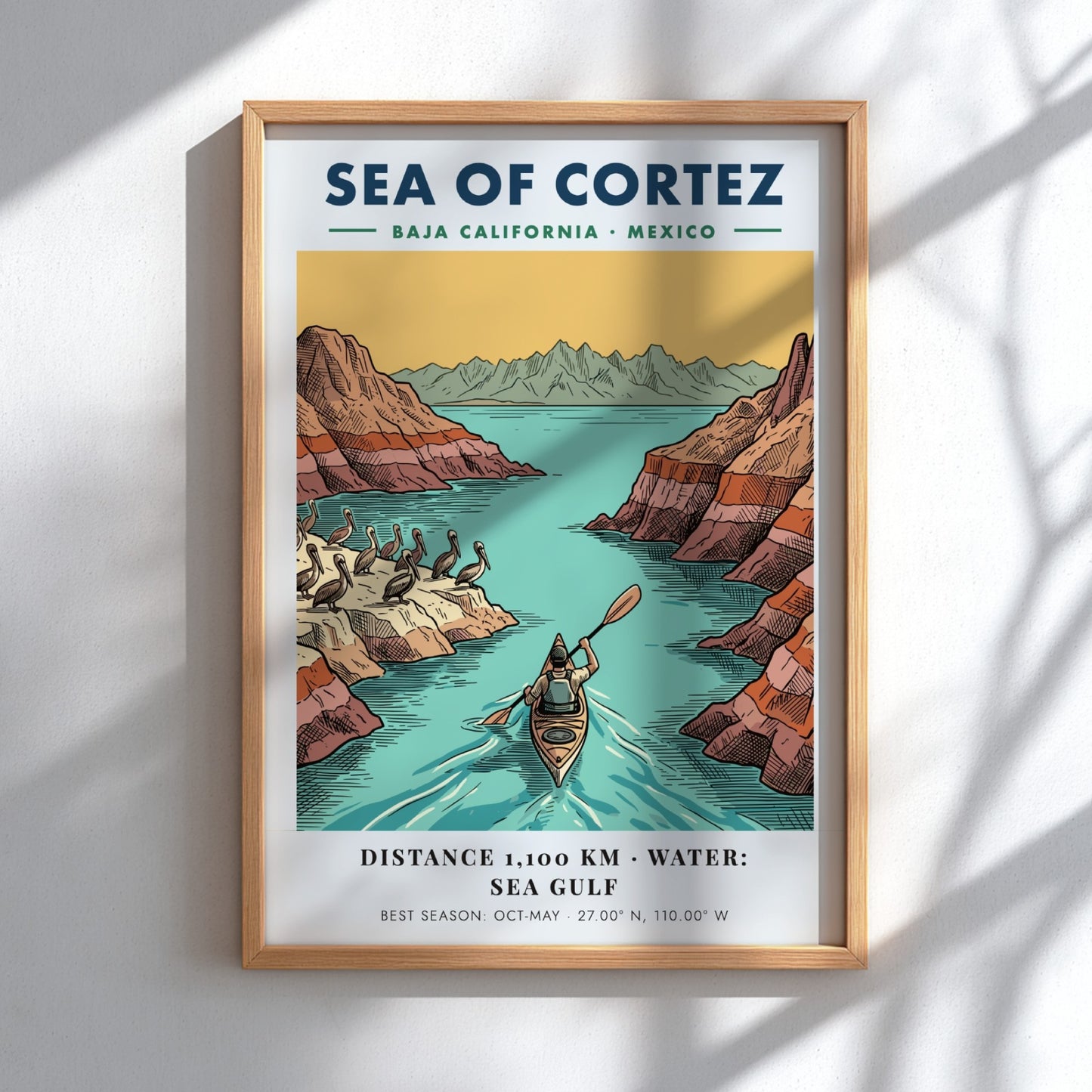 Poster featuring a kayaker in the Sea of Cortez near Baja California cliffs.