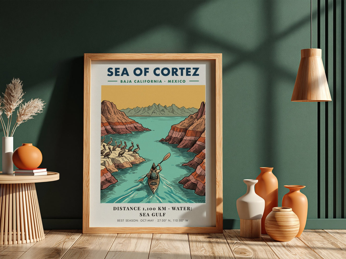 Poster featuring a kayaker in the Sea of Cortez near Baja California cliffs.