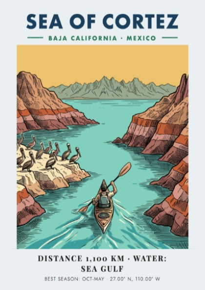 Poster featuring a kayaker in the Sea of Cortez near Baja California cliffs.