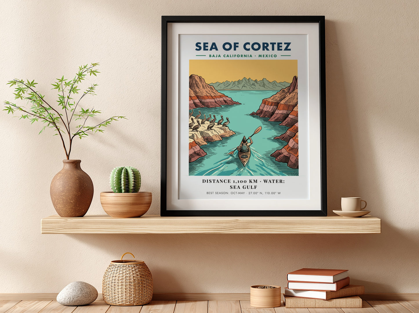 Poster featuring a kayaker in the Sea of Cortez near Baja California cliffs.