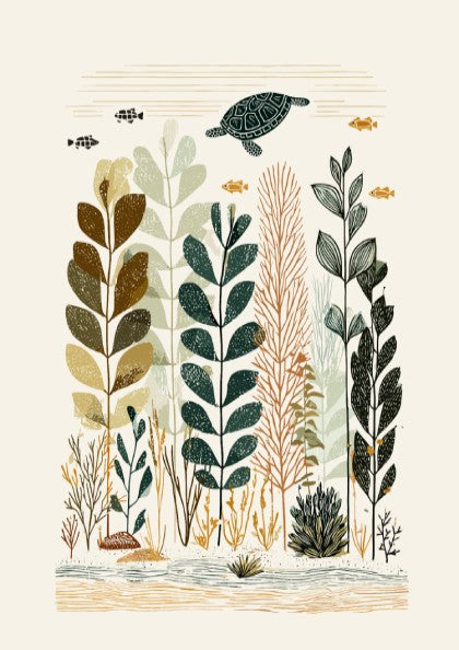 Underwater garden poster with a sea turtle, stylized plants, and fish in a muted color palette.