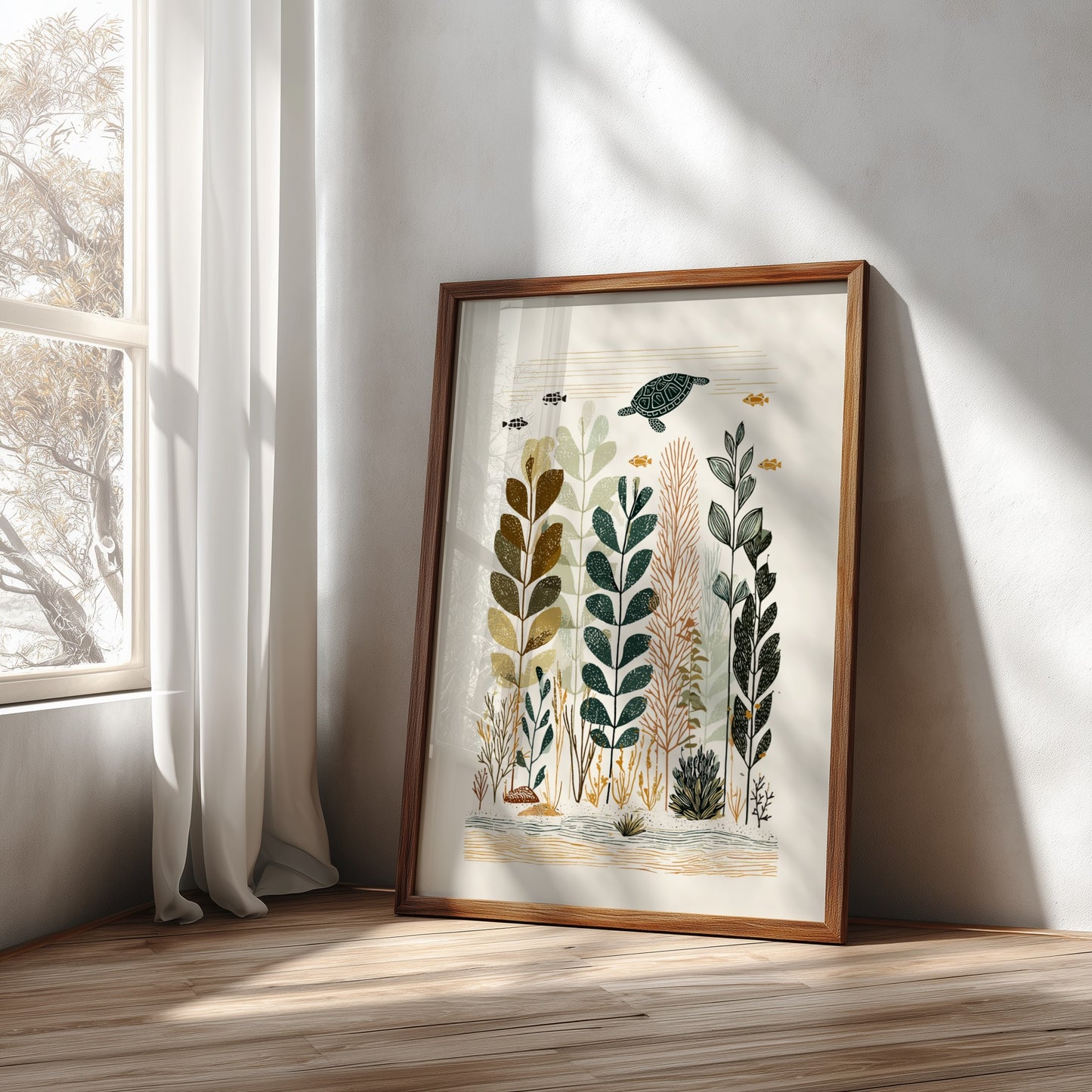 Underwater garden poster with a sea turtle, stylized plants, and fish in a muted color palette.