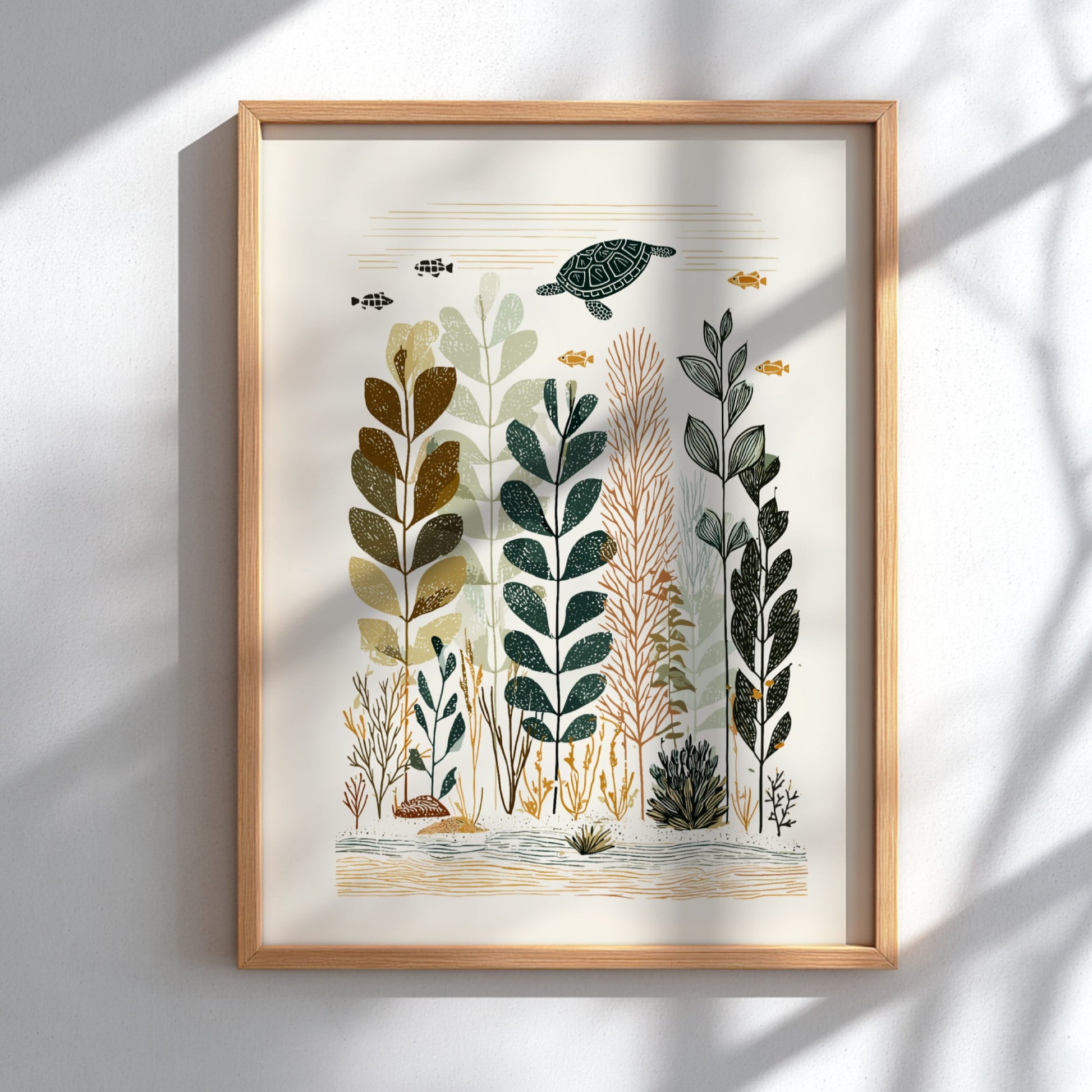Underwater garden poster with a sea turtle, stylized plants, and fish in a muted color palette.