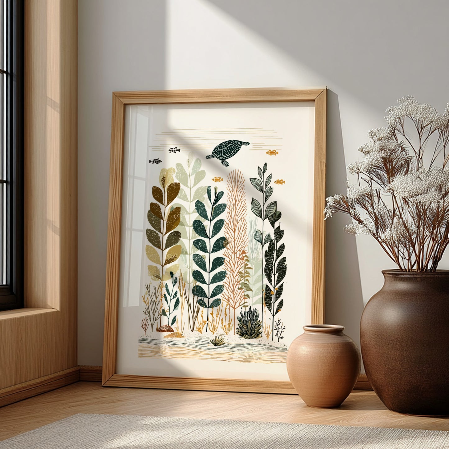 Underwater garden poster with a sea turtle, stylized plants, and fish in a muted color palette.