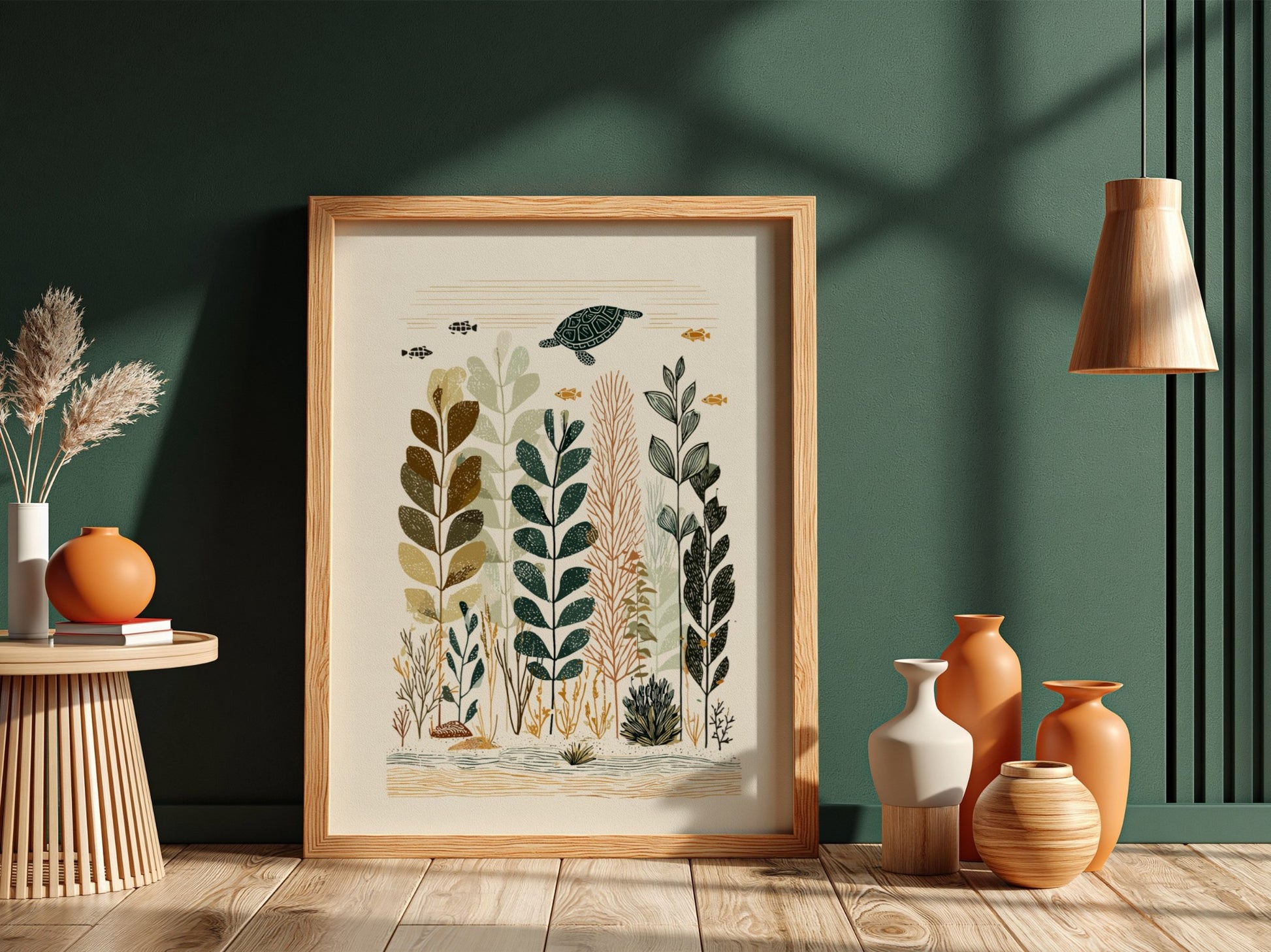 Underwater garden poster with a sea turtle, stylized plants, and fish in a muted color palette.