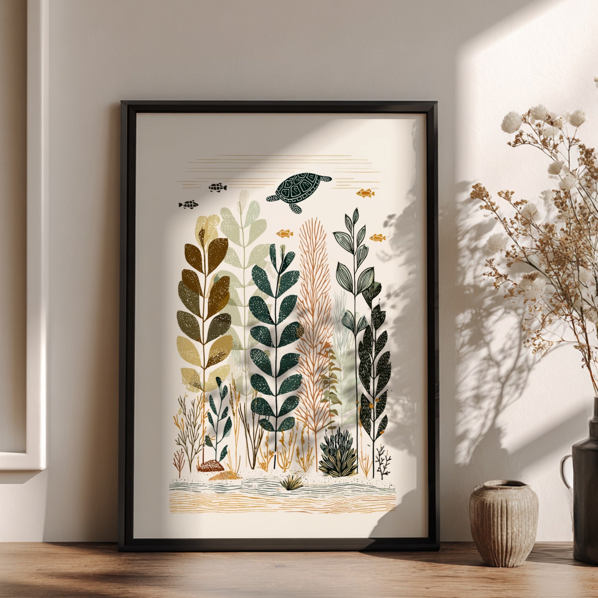 Underwater garden poster with a sea turtle, stylized plants, and fish in a muted color palette.