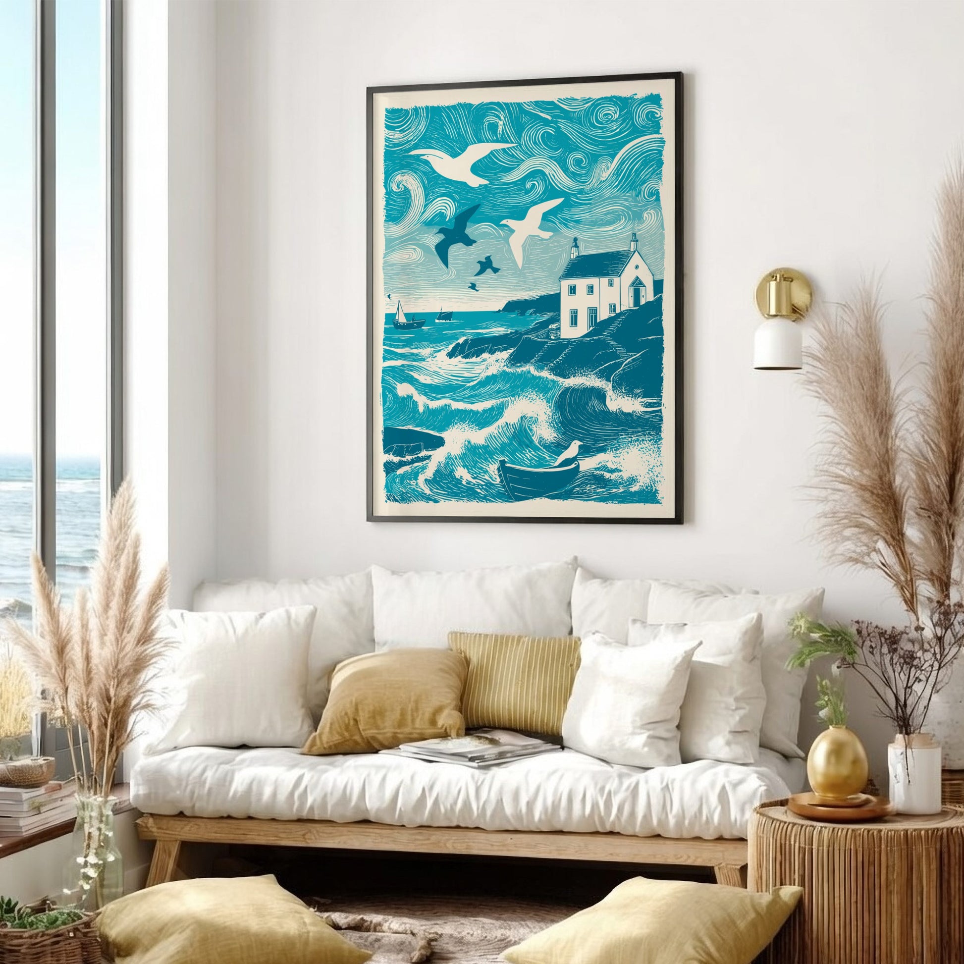 Seabirds Over Still Water Poster - Serene Coastal Bird Wall Art Print