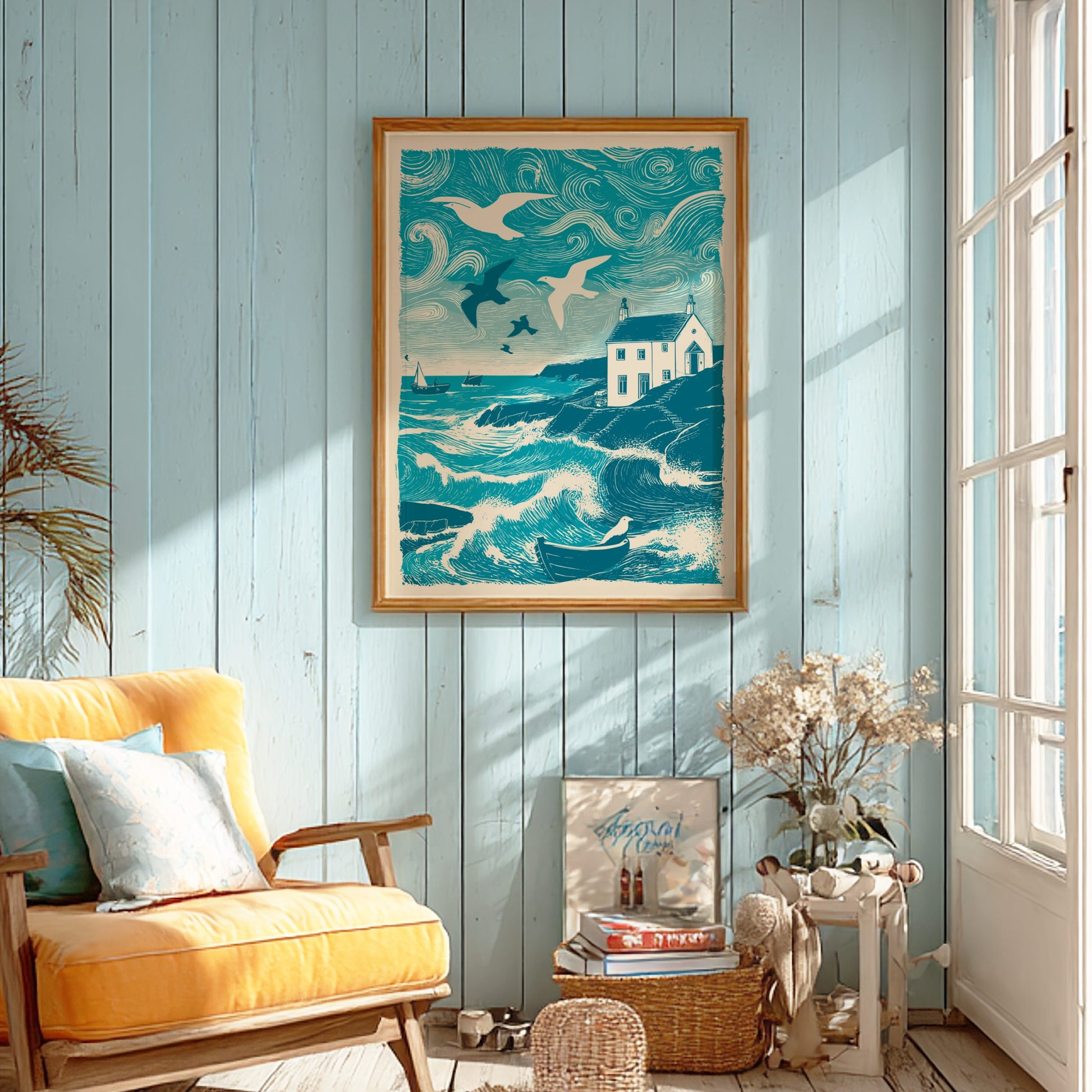 Seabirds Over Still Water Poster - Serene Coastal Bird Wall Art Print