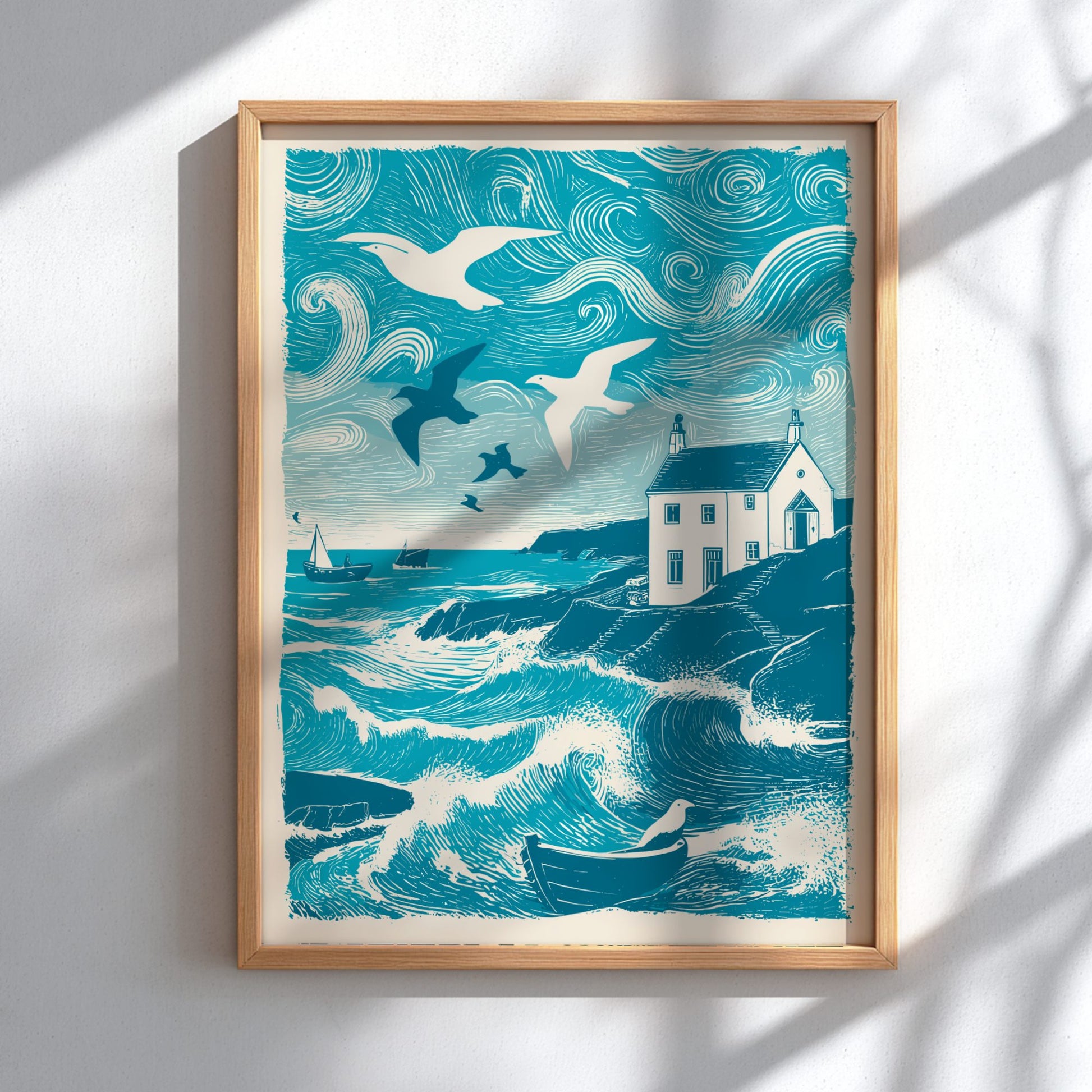 Seabirds Over Still Water Poster - Serene Coastal Bird Wall Art Print