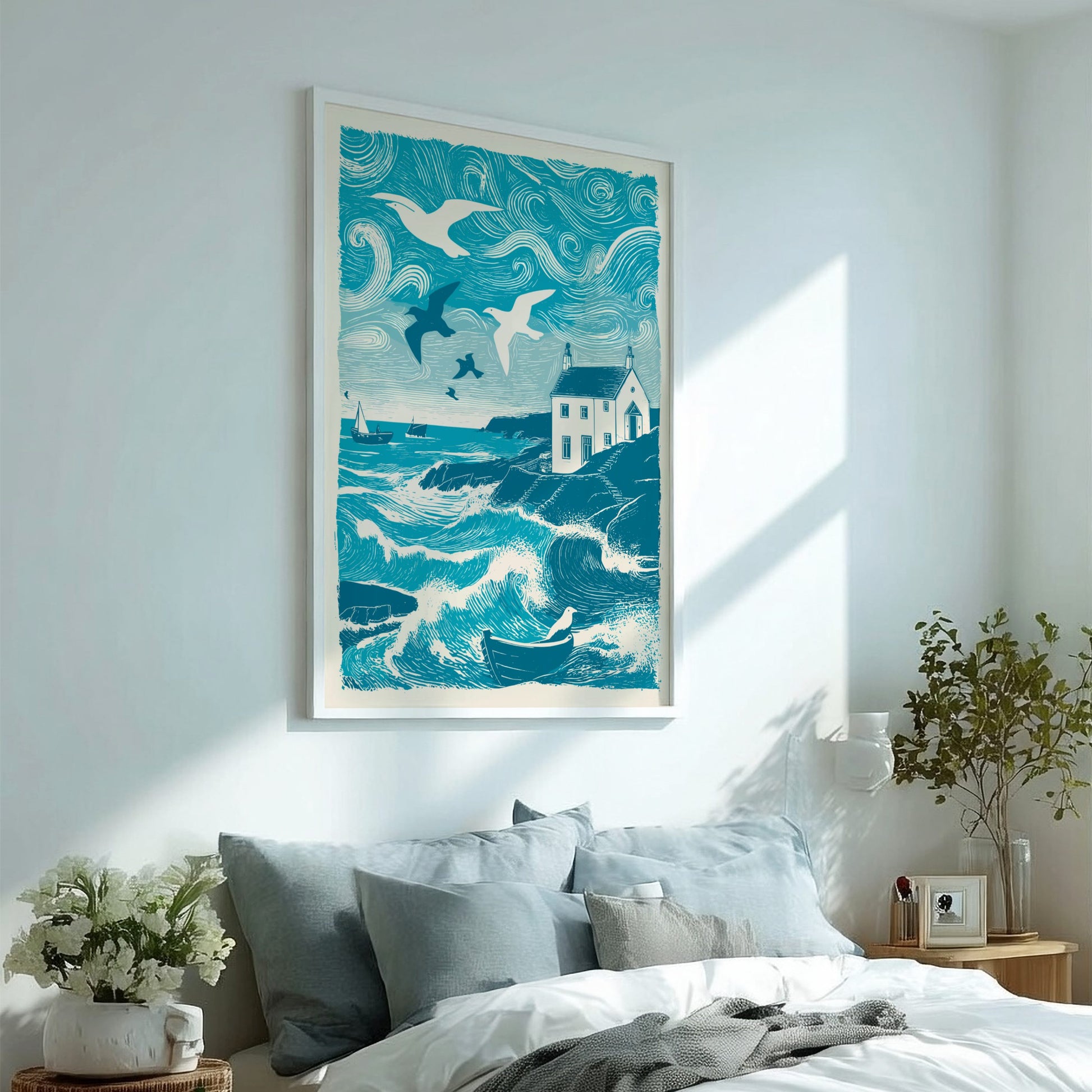 Seabirds Over Still Water Poster - Serene Coastal Bird Wall Art Print