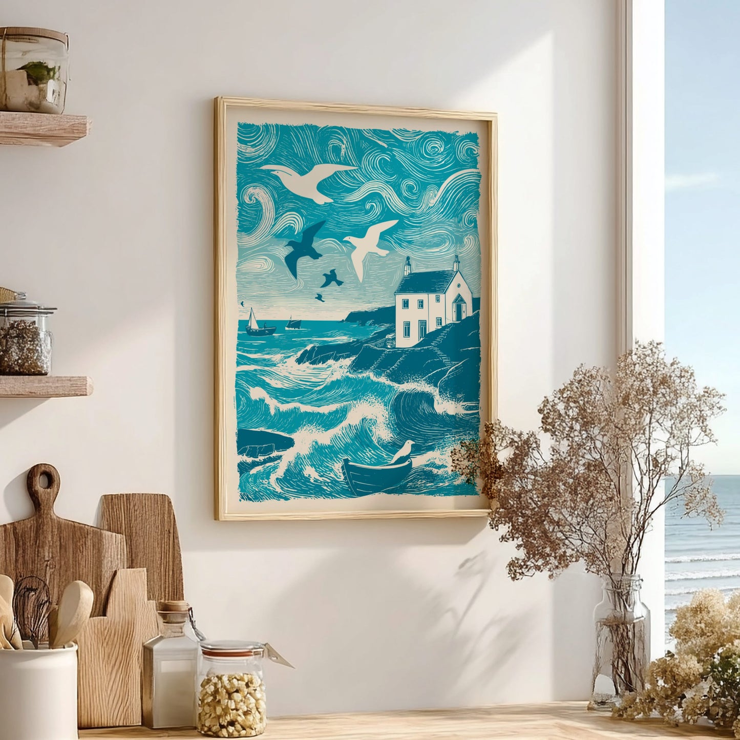 Seabirds Over Still Water Poster - Serene Coastal Bird Wall Art Print