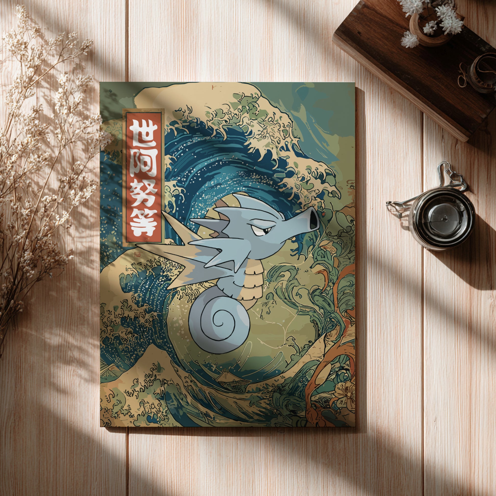 Poster with a Seadra Pokemon design on a wooden surface