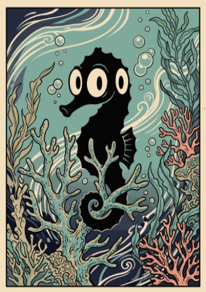 Poster featuring a surreal black three eyed seahorse clinging to coral in teal water