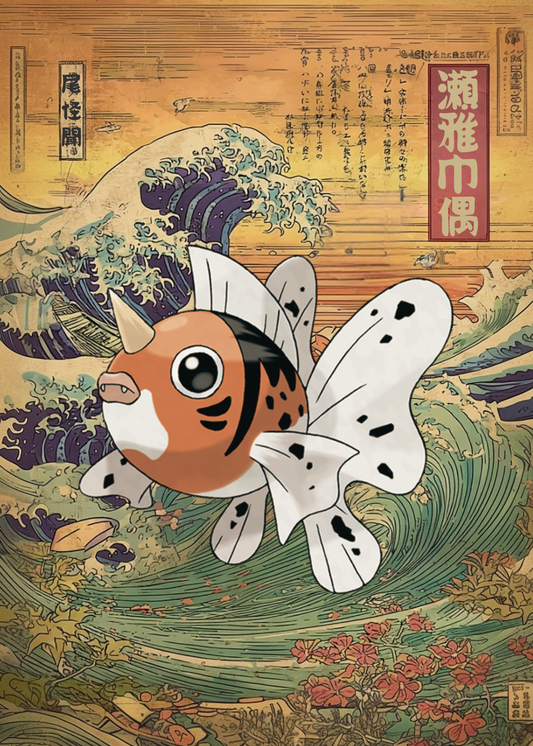 Seaking Pokemon on a wave background inspired by traditional Japanese art.