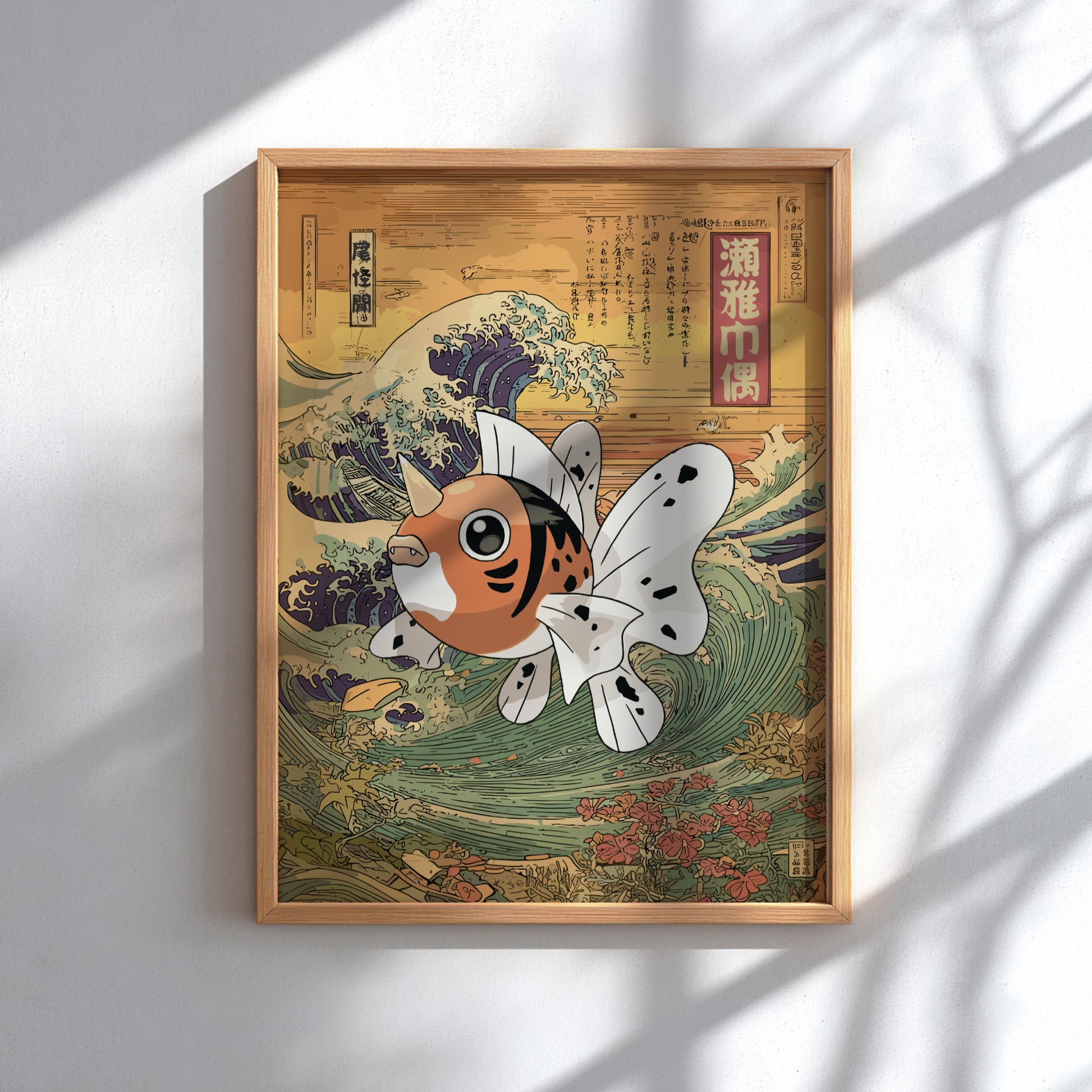 Framed artwork with a stylized Seaking Pokemon and wave design on a light background