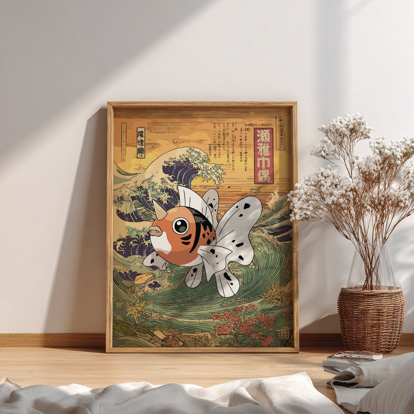 Framed artwork of Seaking Pokemon on a wooden floor.