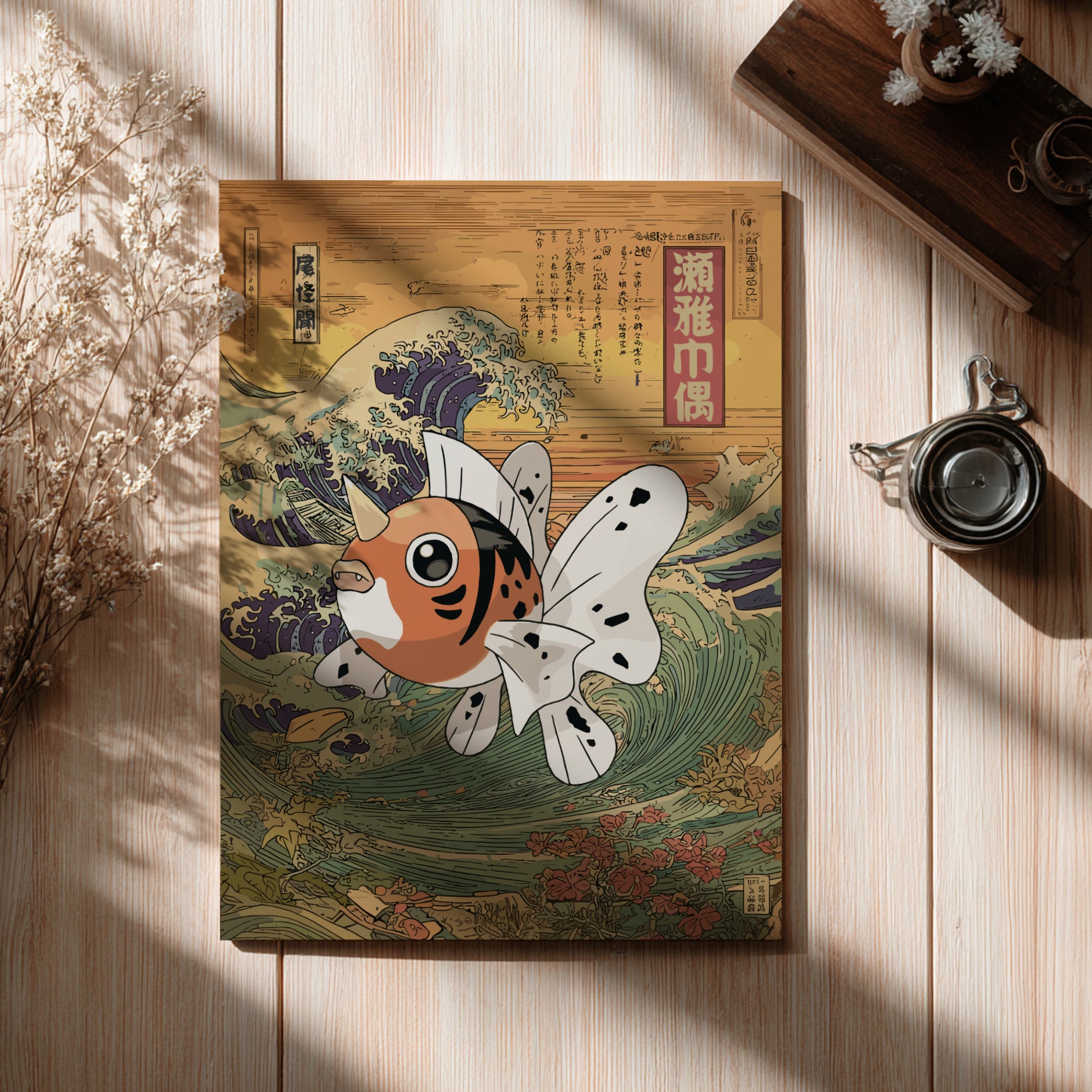 Decorative poster with a Seaking Pokemon illustration on a wooden surface