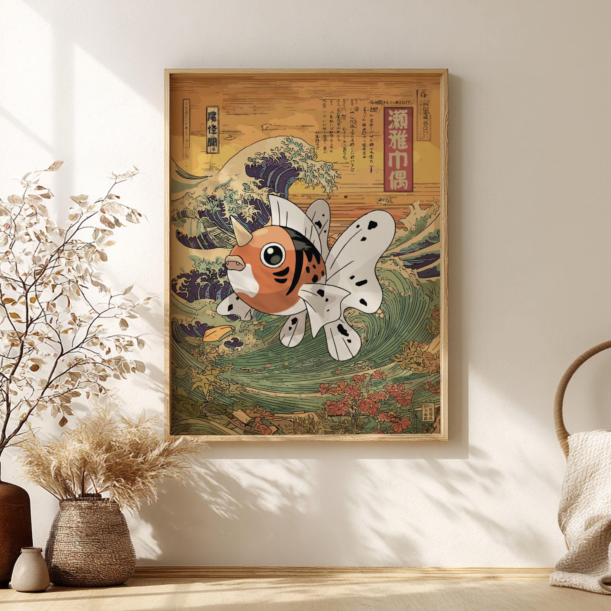 Framed artwork of a stylized Seaking Pokemon in a decorative setting with plants and a chair.