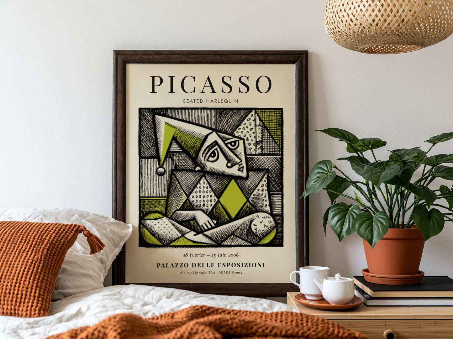 Seated Harlequin poster showcasing Picasso inspired geometric design in green and black.