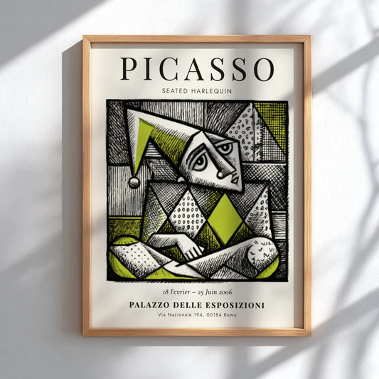Seated Harlequin poster showcasing Picasso inspired geometric design in green and black.