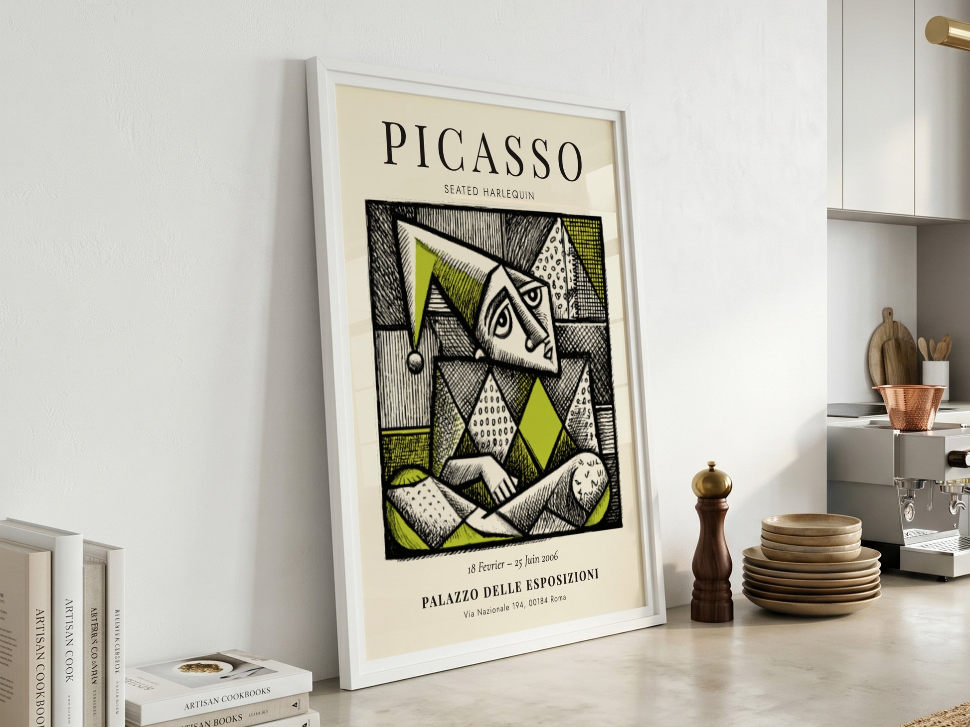 Seated Harlequin poster showcasing Picasso inspired geometric design in green and black.
