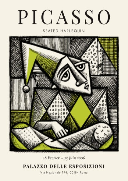 Seated Harlequin poster showcasing Picasso inspired geometric design in green and black.