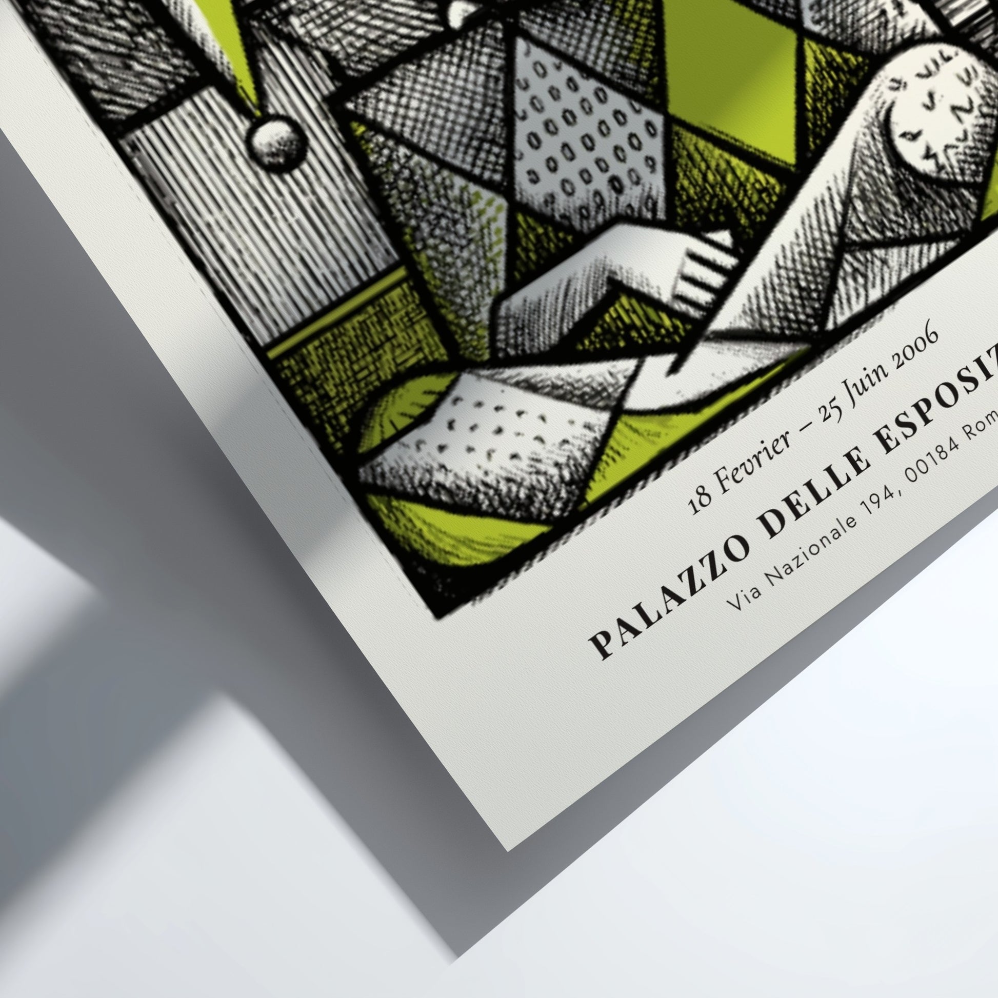 Seated Harlequin poster showcasing Picasso inspired geometric design in green and black.
