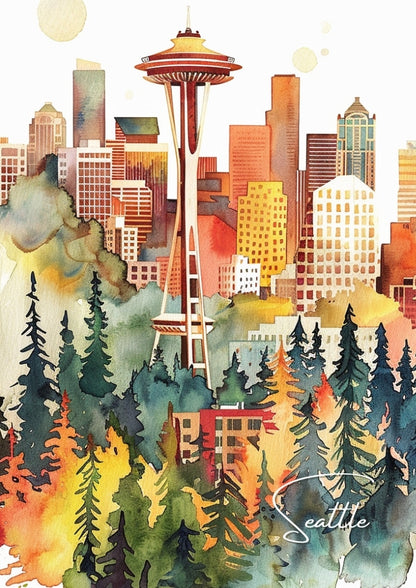 Space Needle Watercolour Travel Poster - Seattle Artwork