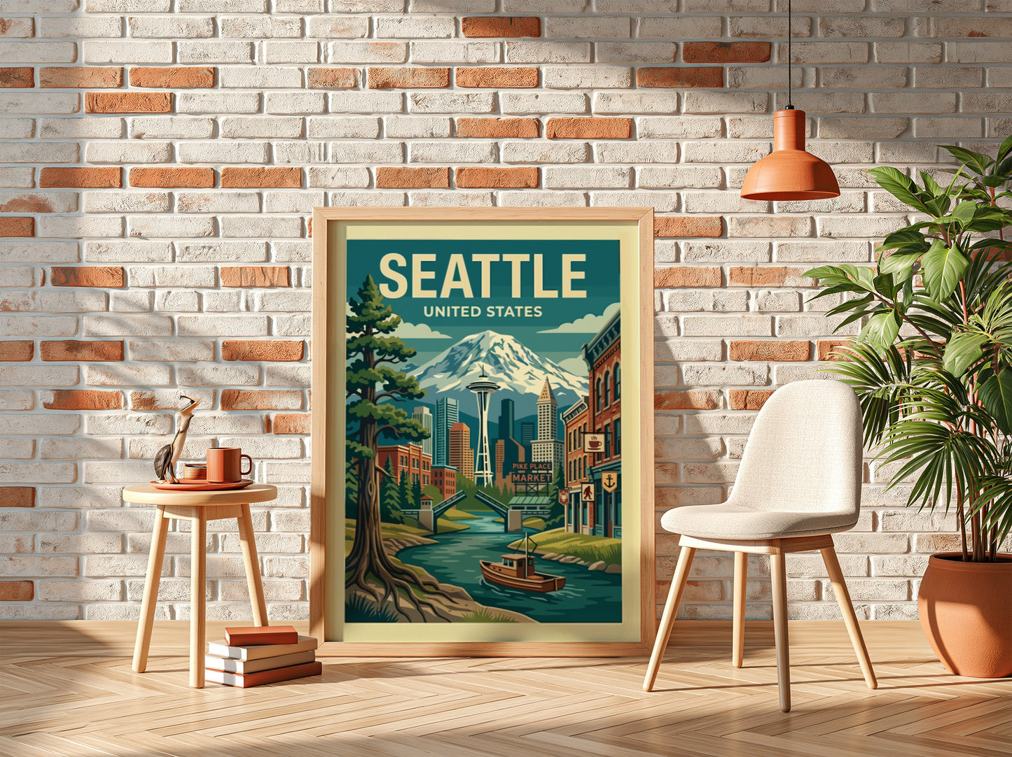 Vintage Seattle travel poster with Space Needle, Mount Rainier, and cityscape in blues and greens.