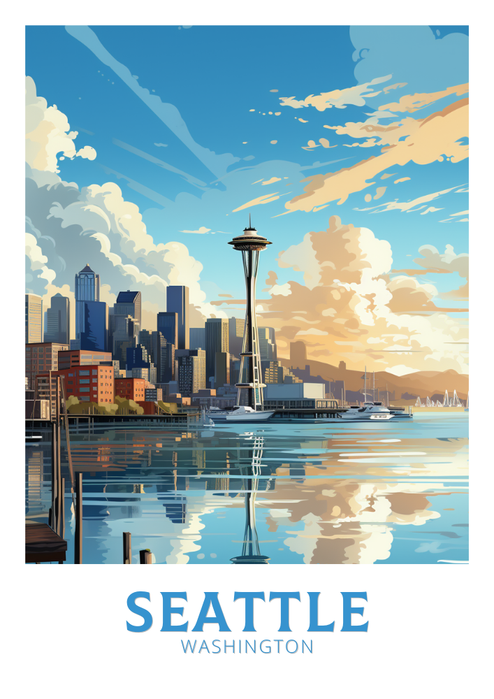 North AmericaSEATTLE SKYLINE TRAVEL PRINT - WASHINGTON ARTWORK