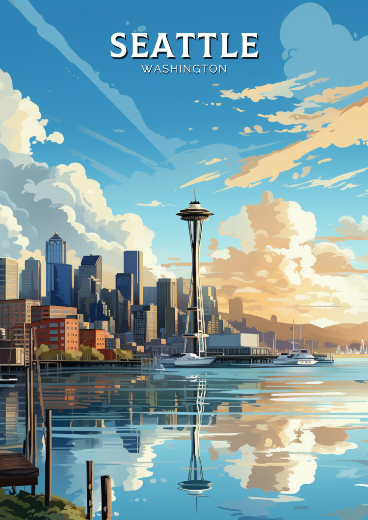 North AmericaSEATTLE SKYLINE TRAVEL POSTER - WASHINGTON ARTWORK