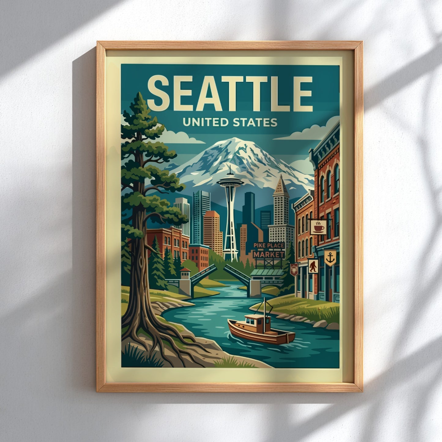 Vintage Seattle travel poster with Space Needle, Mount Rainier, and cityscape in blues and greens.