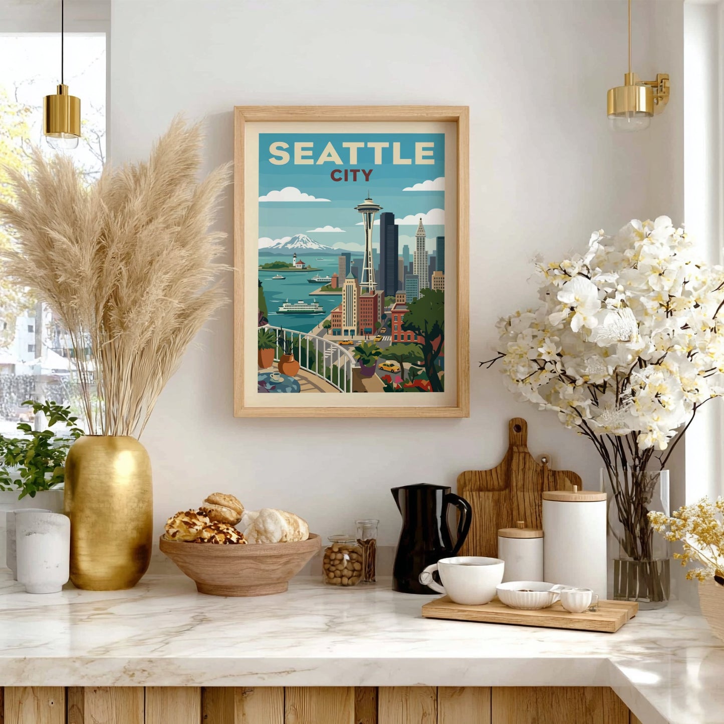 Retro illustration of the Seattle city skyline with the Space Needle, ferries, and mountains, rendered in a