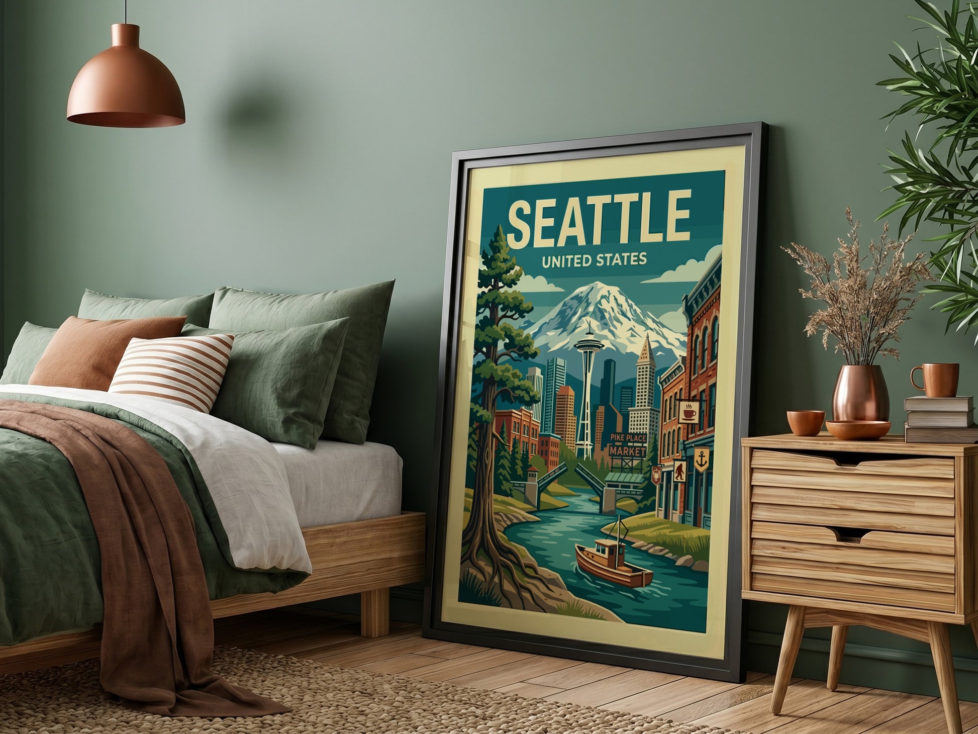 Vintage Seattle travel poster with Space Needle, Mount Rainier, and cityscape in blues and greens.