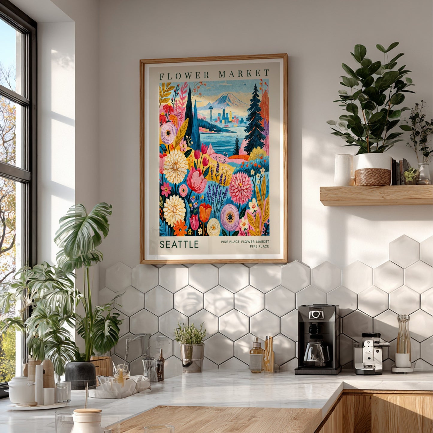 Flower market poster featuring colorful blooms and Seattle skyline