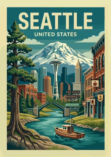 Vintage Seattle travel poster with Space Needle, Mount Rainier, and cityscape in blues and greens.