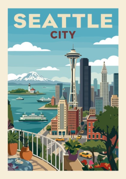 Retro illustration of the Seattle city skyline with the Space Needle, ferries, and mountains, rendered in a