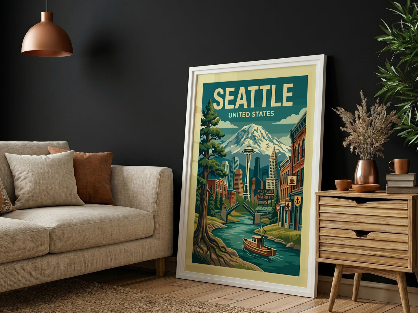 Vintage Seattle travel poster with Space Needle, Mount Rainier, and cityscape in blues and greens.