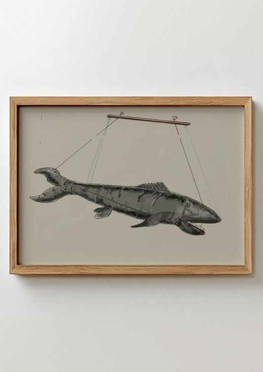 Vintage Shark Puppet illustration by Sebastian Simonet, rendered in grey tones, framed art.