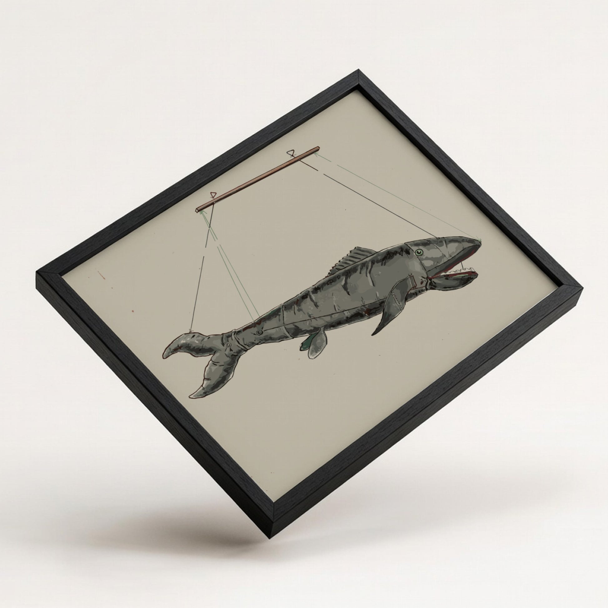 Vintage Shark Puppet illustration by Sebastian Simonet, rendered in grey tones, framed art.