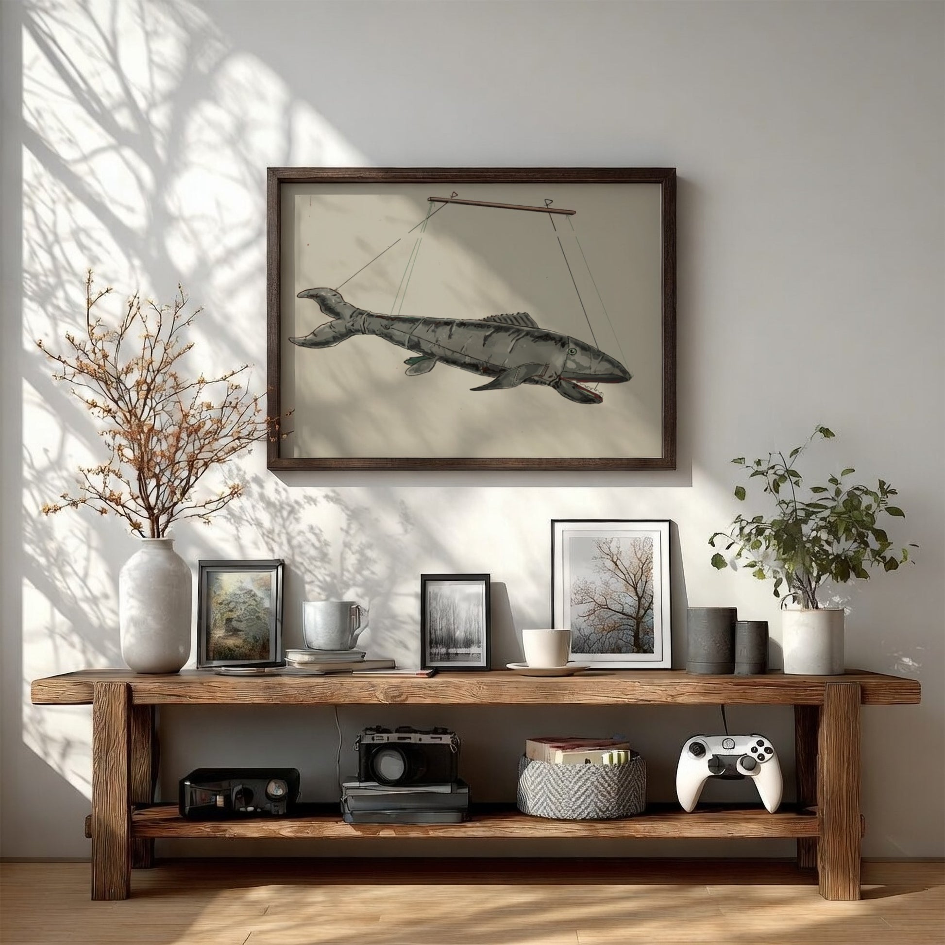 Vintage Shark Puppet illustration by Sebastian Simonet, rendered in grey tones, framed art.
