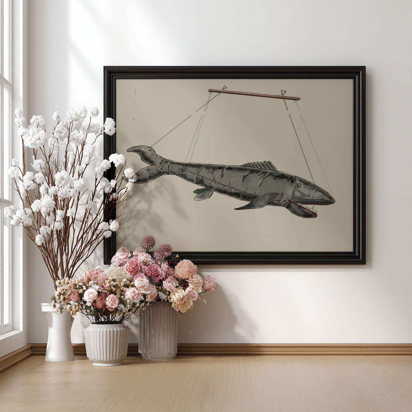Vintage Shark Puppet illustration by Sebastian Simonet, rendered in grey tones, framed art.