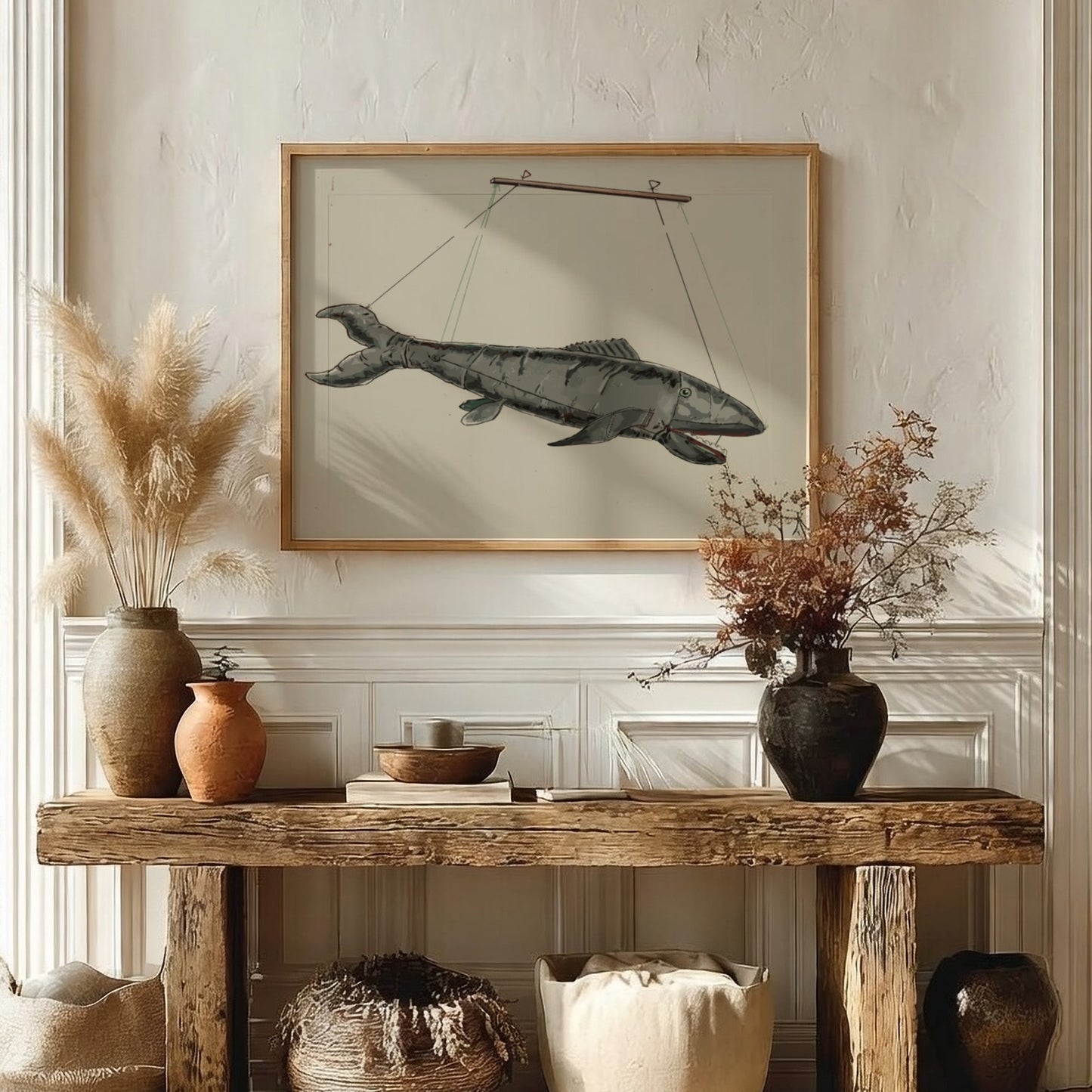 Vintage Shark Puppet illustration by Sebastian Simonet, rendered in grey tones, framed art.