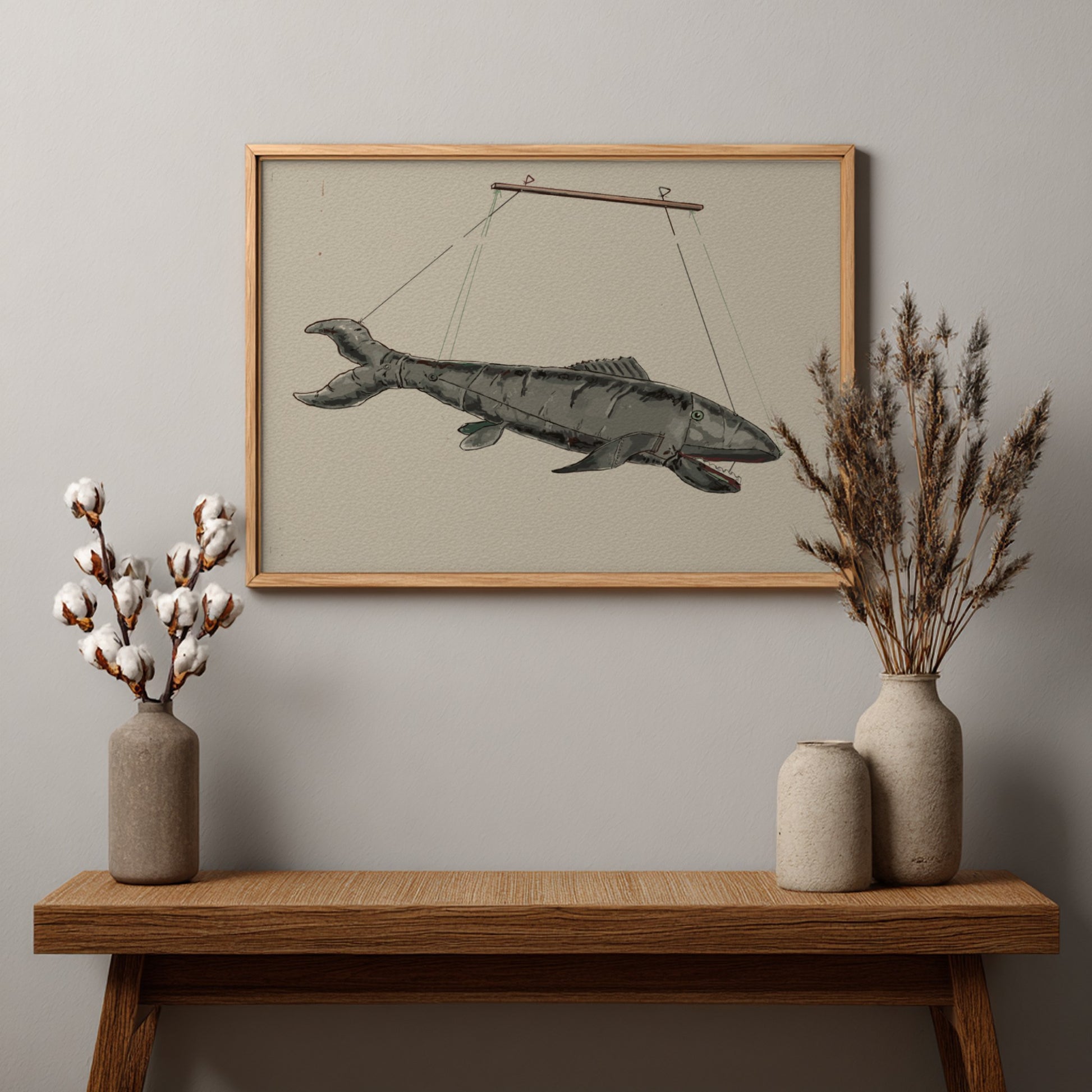 Vintage Shark Puppet illustration by Sebastian Simonet, rendered in grey tones, framed art.