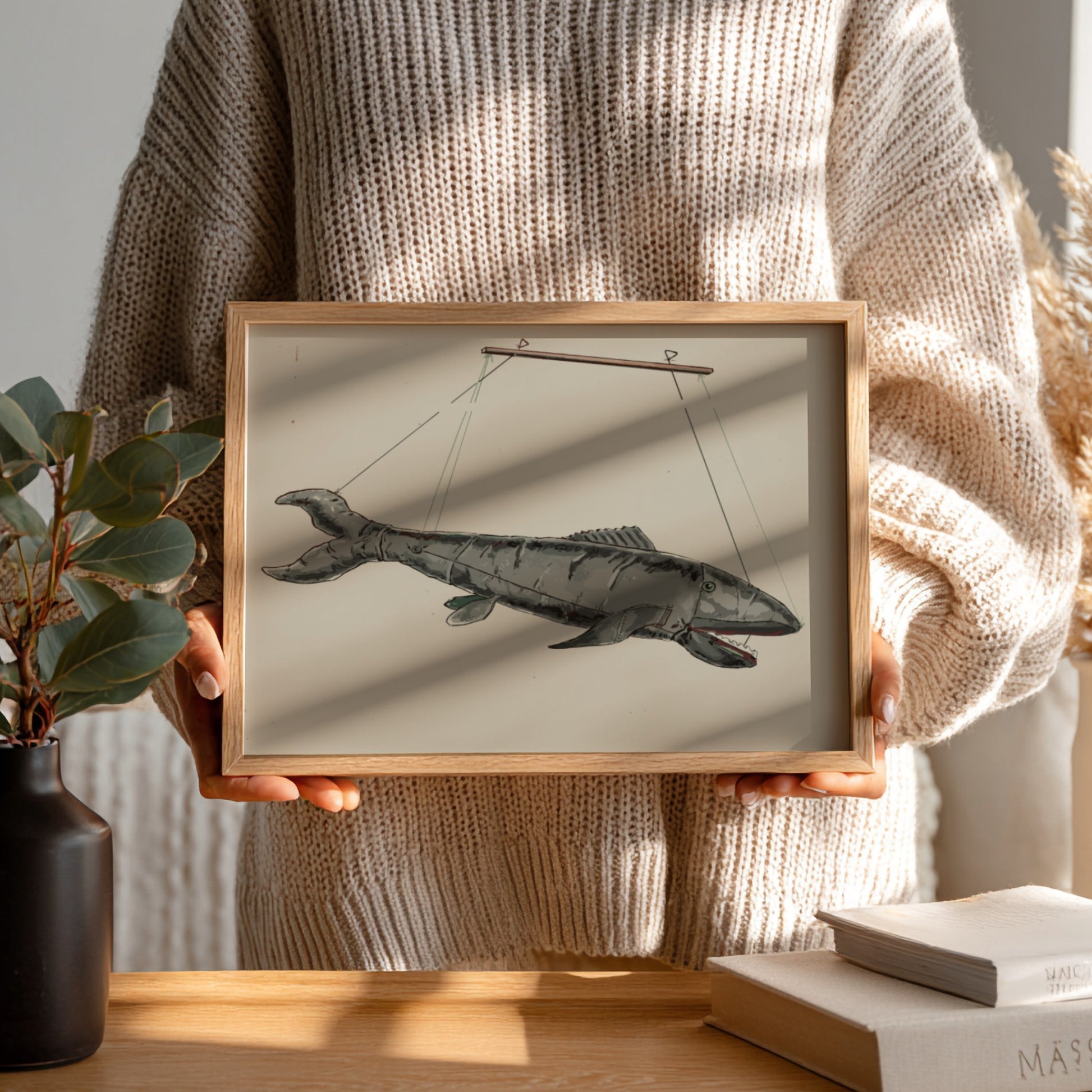 Vintage Shark Puppet illustration by Sebastian Simonet, rendered in grey tones, framed art.