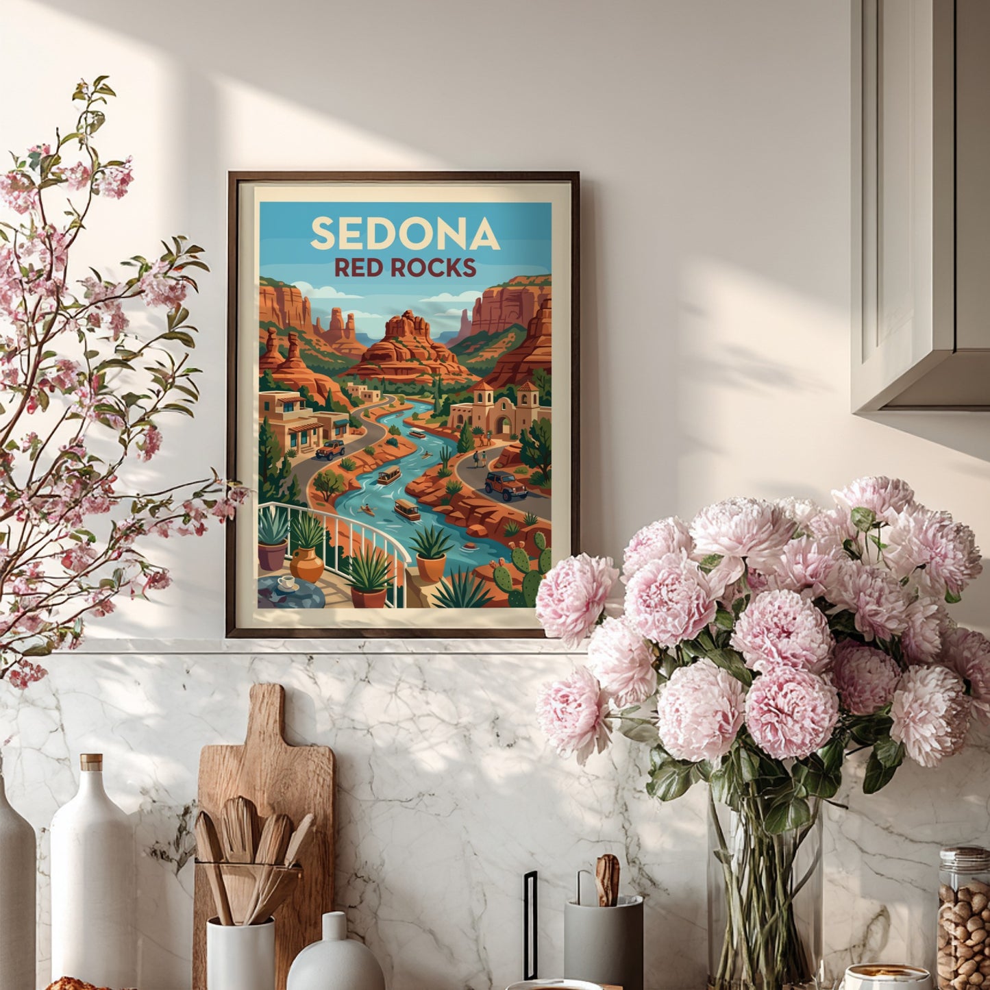 Stylized art print of Sedona's red rocks, river, and buildings in a Southwestern landscape.