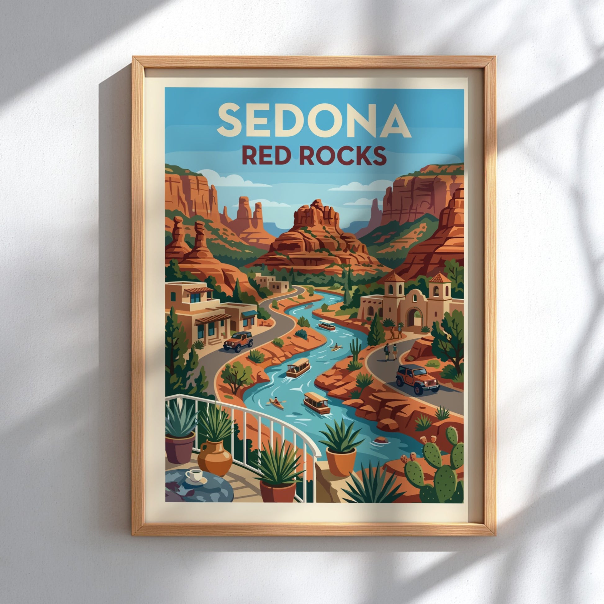 Stylized art print of Sedona's red rocks, river, and buildings in a Southwestern landscape.