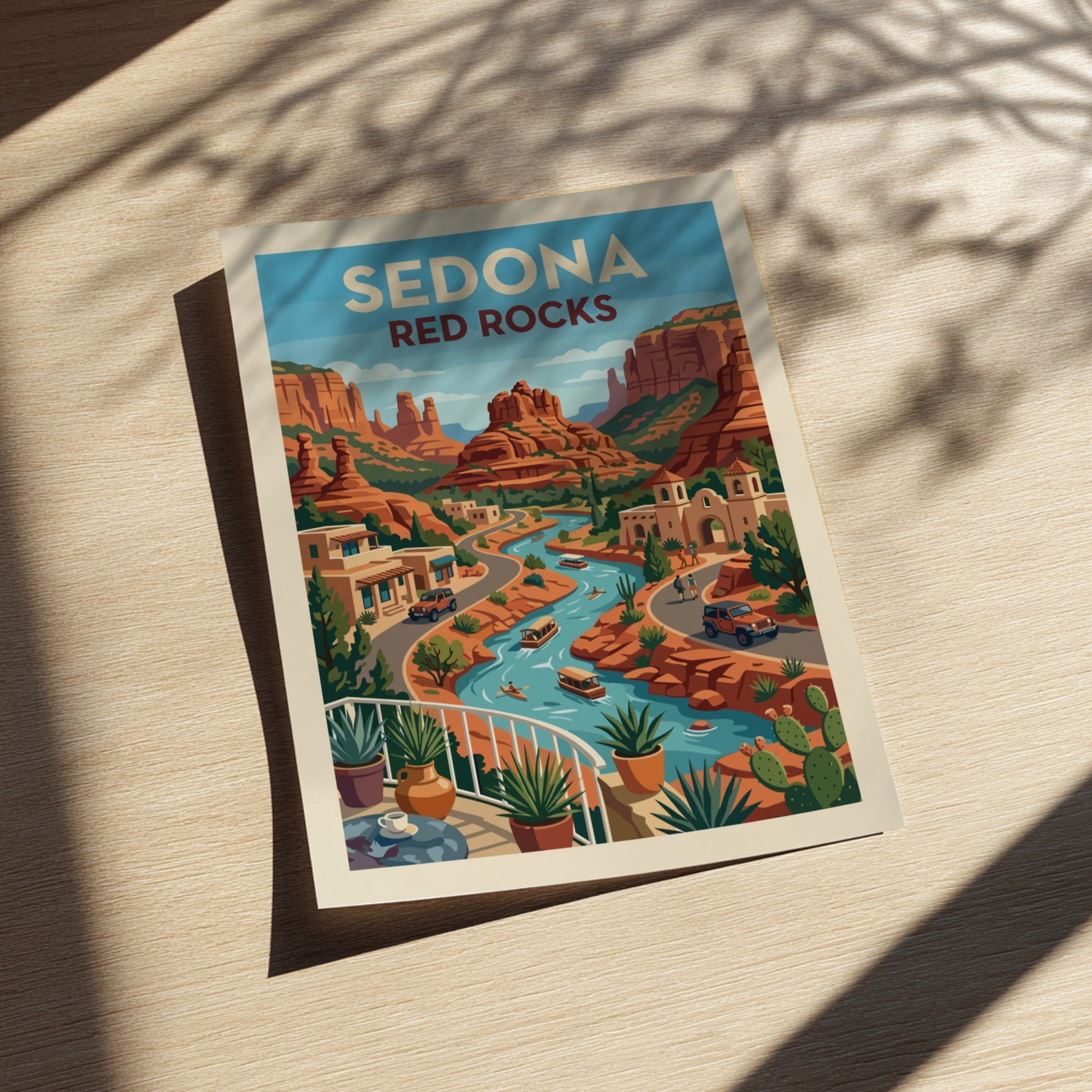 Stylized art print of Sedona's red rocks, river, and buildings in a Southwestern landscape.